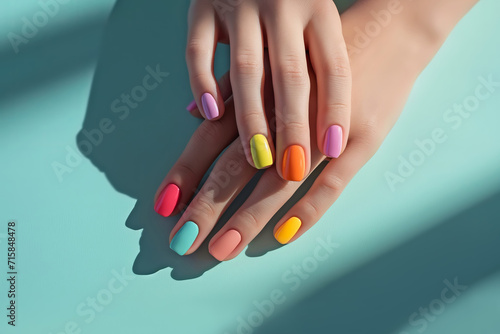 Female hands with pastel multicolored manicure elegantly crossed over a turquoise background