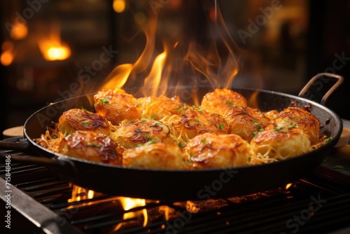 Codfish balls being fried in a bustling street stall in Lisbon., generative IA