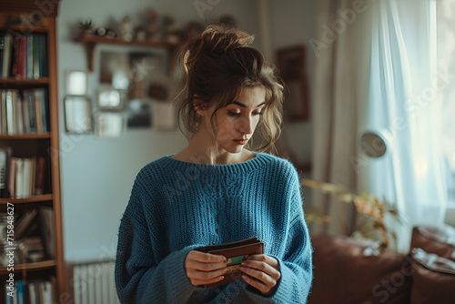A young woman in a blue sweater sadly holding a wallet photo