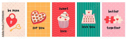 Valentine's day greeting cards and prints with simple romantic illustrations. Cute love gift tags with quotes set isolated on white background.