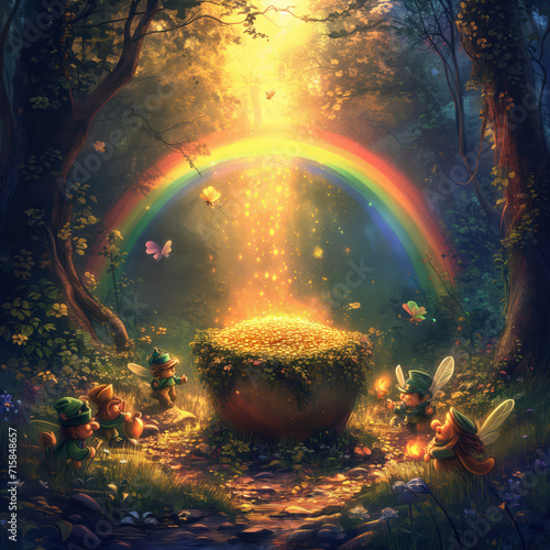 Enchanted Woodland with Pot of Gold, Fairies, and Rainbow