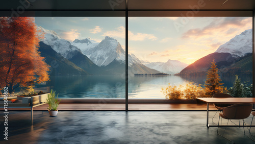 Scenic home office room background or backdrop for online presentations and virtual meetings in a lake water mountain scene