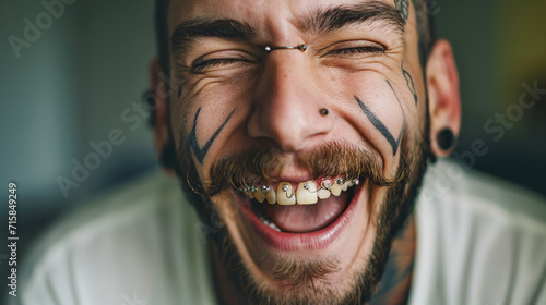 Smiling Tattooed man with silver grillz dental jewelry and facial tattoos photo