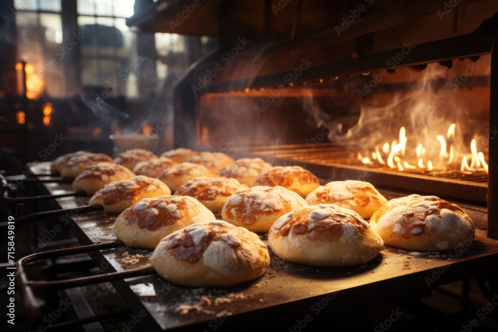 Cheese bread being baked in a mining kitchen, with an irresistible smell in the air., generative IA