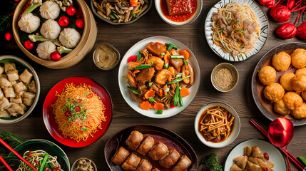 Top view of delicious chinese food meal on red table background for celebration Chinese New Year