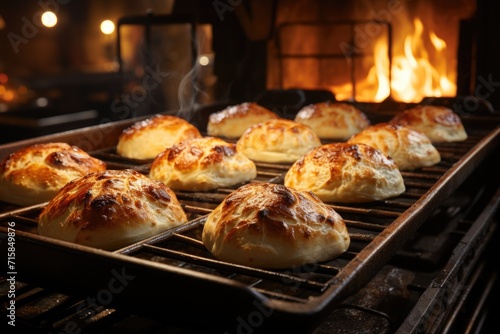 Cheese bread being baked in a mining kitchen, with an irresistible smell in the air., generative IA