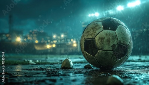 a soccer ball is sitting on top of a stadium and lighting is on