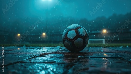 a soccer ball is sitting on top of a stadium and lighting is on