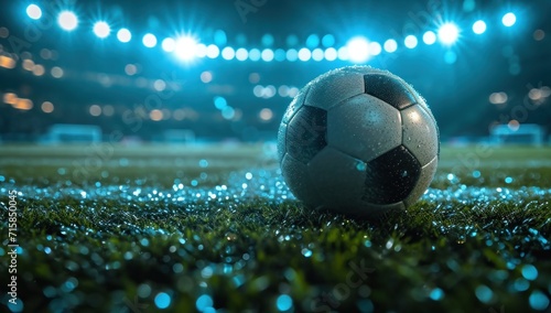a soccer ball reflects light on a dark soccer field with lights shining © olegganko