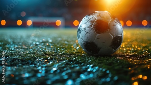 a soccer ball reflects light on a dark soccer field with lights shining