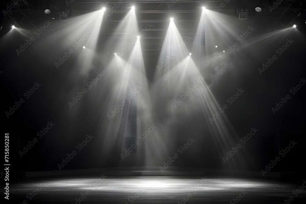 Stage with spotlights, smoke, and dramatic lighting on a dark background. Empty concert stage with copy space. - obrazy, fototapety, plakaty 
