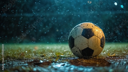 a soccer ball sitting on an empty field at night
