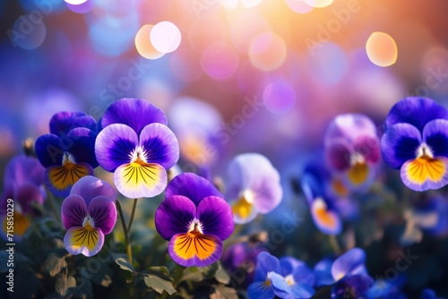 Vibrant cluster of pansies with a bokeh background. © Haani