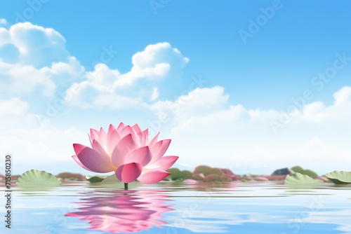 Tranquil lotus pond with a pink lotus flower and clear sky  space for text.