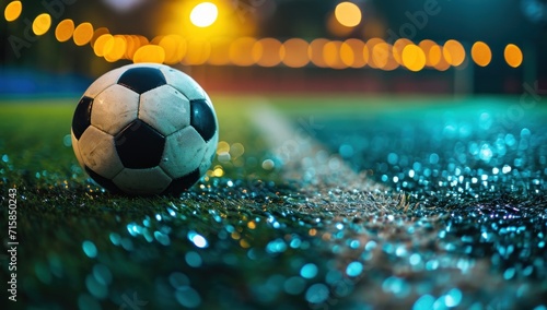 a soccer ball sitting on an empty field at night