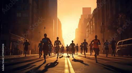 silhouette of running athletes in an urban environment. Marathon photo