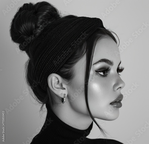 black and white black photograph of a woman with high bun head