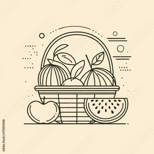 Vintage Retro Minimalist Fruit Basket Line Drawing Logo Design Illustration