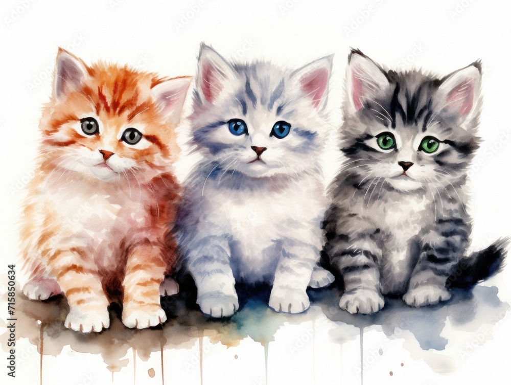Kittens' symphony: a delightful row of watercolor cats, capturing the essence of feline curiosity and playful innocence.