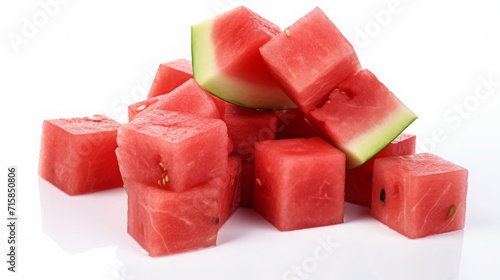 diced watermelon on a white background without shadows, food photography, copy space, 16:9