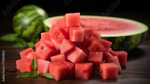 diced watermelon on a white background without shadows, food photography, copy space, 16:9