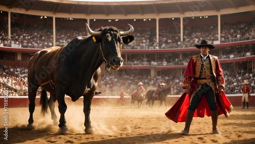 Matador with a big bull in the bullring 