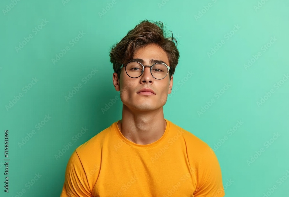 a male man in glasses is posing wearing a yellow shirt