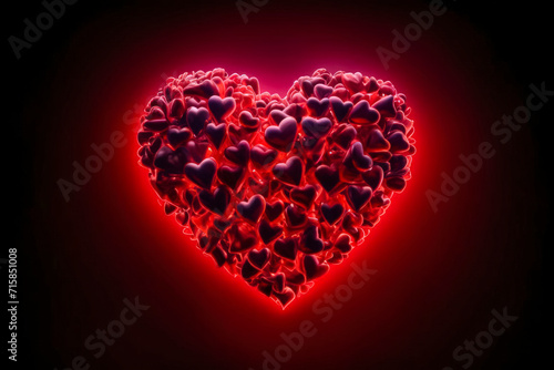 Heart is made of variety of red ceramic hearts of different shades  shapes and sizes. Emits a red light from inside. On dark burgundy background. Valentine day concept for design. Symbol of love.