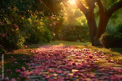 Step into a serene garden at twilight, where a pathway adorned with delicately strewn rose petals beckons you to embark on a journey of exploration
