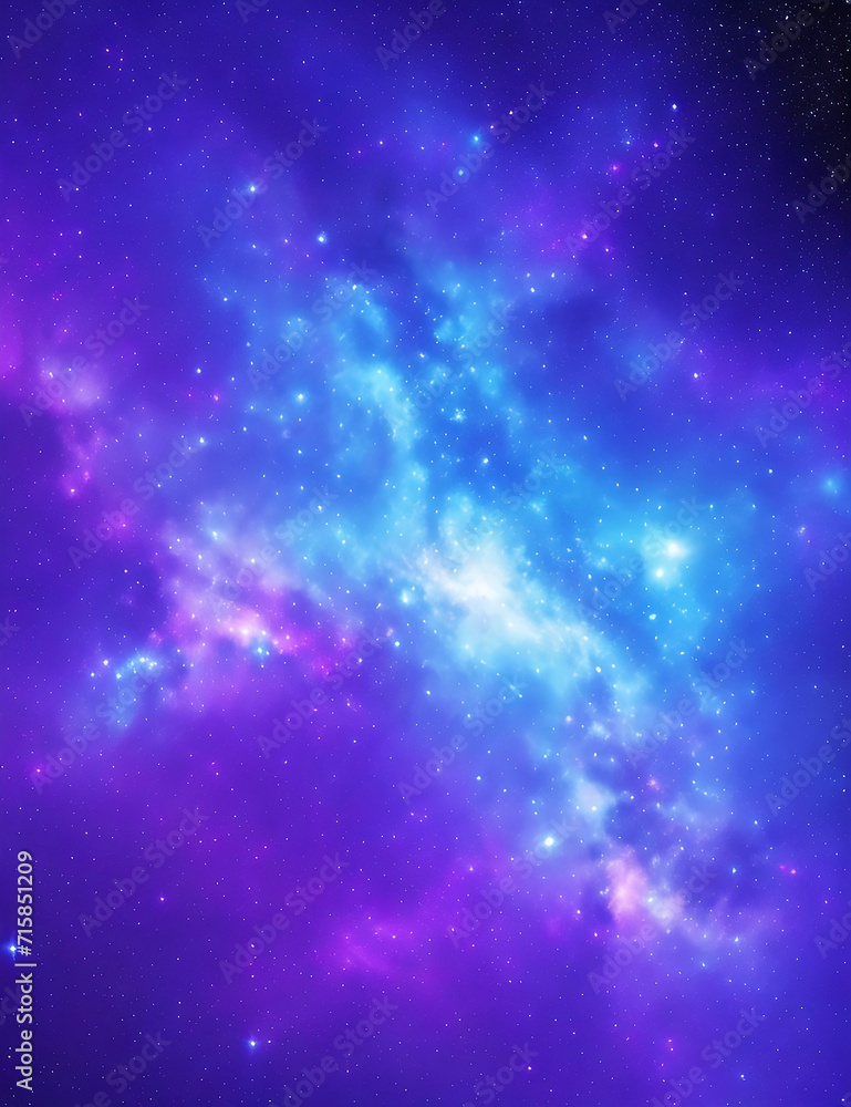 Cosmic background with a blue purple nebula and stars.