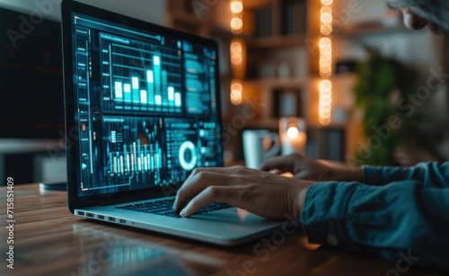 a man is using a laptop with graphs on it and a house symbol on it