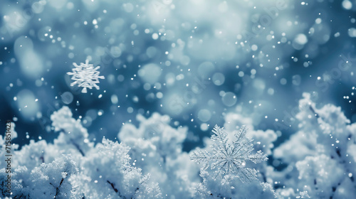 Macro shot of snowflakes during snowfall in freeze motion. Winter landscape with bokeh background © Klymentii