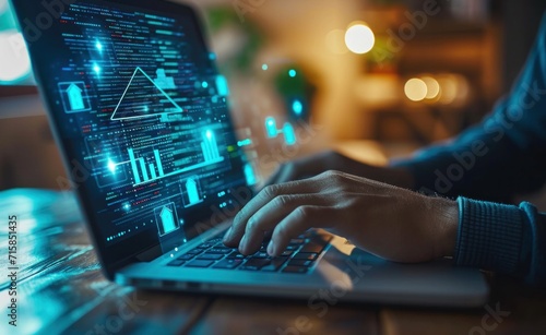 a man is using a laptop with graphs on it and a house symbol on it