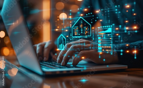 a man is using a laptop with graphs on it and a house symbol on it