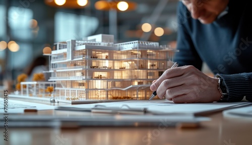 a person writing an application letter and the model of a building photo