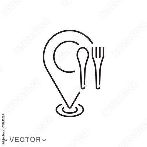 lunch point icon  location restaurant or cafe  pin on map for eat  food on the road  cutlery  fork and spoon  thin line symbol isolated on white background editable stroke eps 10 vector illustration