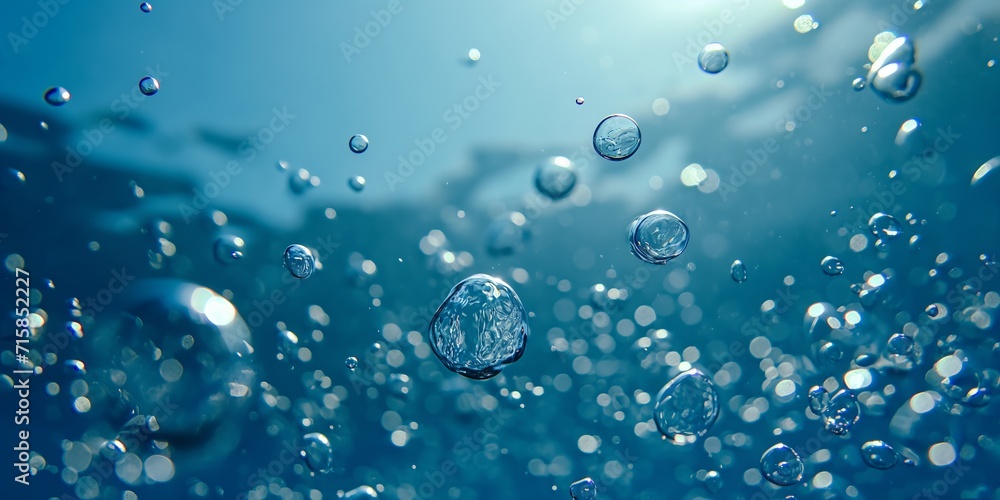 translucent bubbles rising through clear blue water