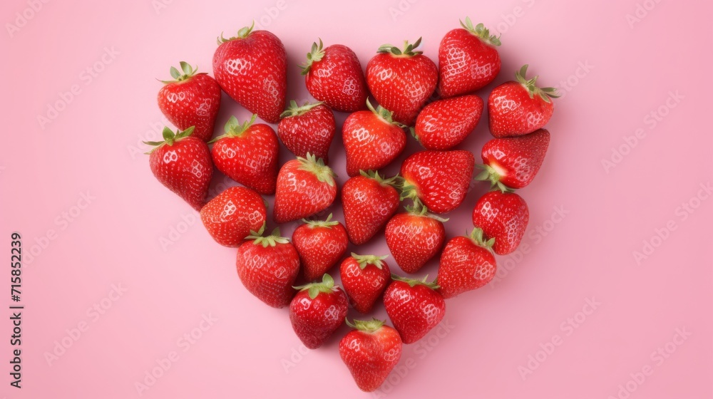 heart made of fresh ripe strawberries on a pink background, copy space, 16:9 heart made of fresh ripe strawberries on a pink background, copy space, 16:9