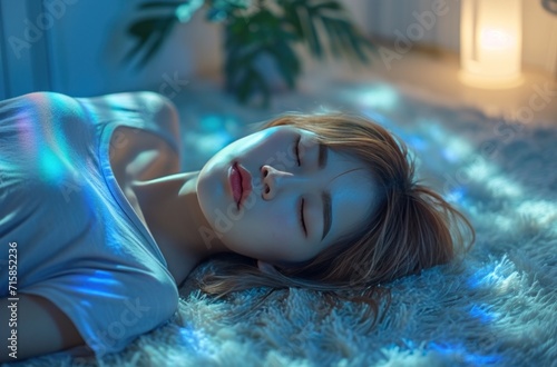 a woman sleeping on the floor in a room with noise cancelling