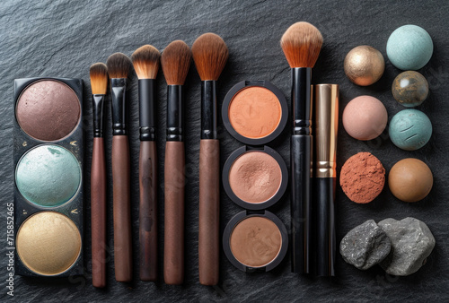 an assortment of makeup items including brush, stippling and blush