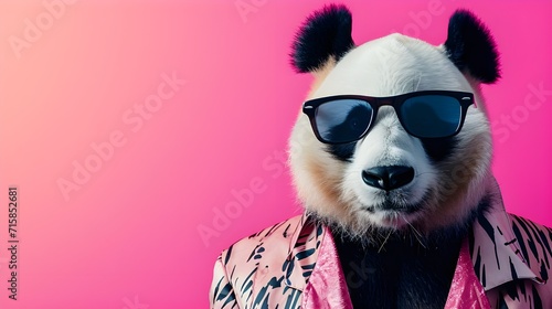 Creative animal concept. panda in glam fashionable couture high end outfits isolated on bright background advertisement, copy space. birthday party invite invitation banner photo