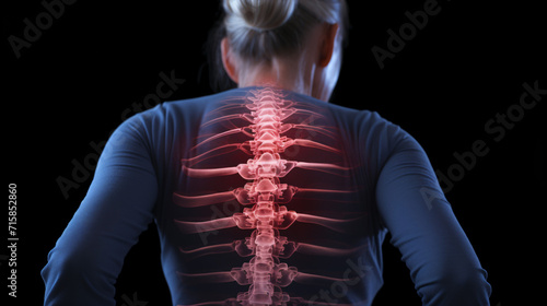 Digital composite of highlighted spine of woman with back pain against black background photo