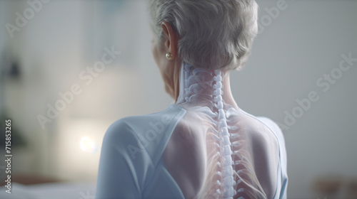back view of senior woman with back pain touching her neck at home