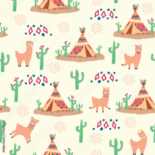 Cute pattern with llamas, cacti, Alps mountains, dream catcher, rainbows and hearts. Children s room design