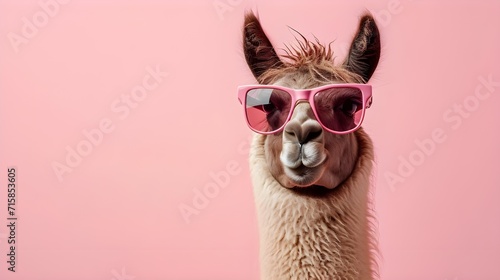 Creative animal concept. Llama in sunglass shade glasses isolated on solid pastel background, commercial, editorial advertisement, surreal surrealism photo