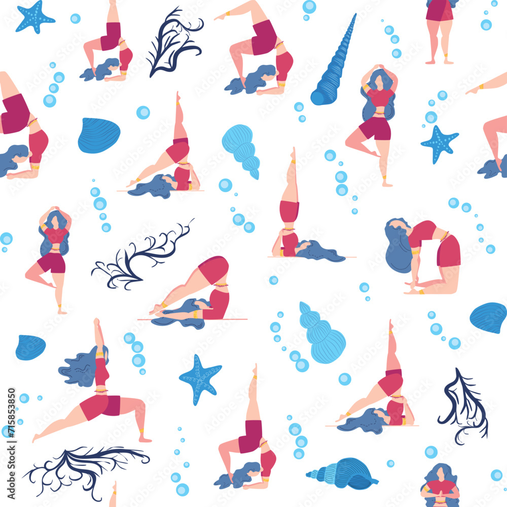 Seamless pattern Plus size curvy girls doing yoga class. Online home workout concept. Body positive Seamless pattern Plus size curvy girls doing yoga class. Online home workout concept. Body positive