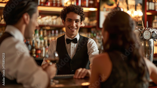 Well-dressed man with a beaming smile  serving as a bartender or host  engaging with customers at a warmly lit  upscale bar.