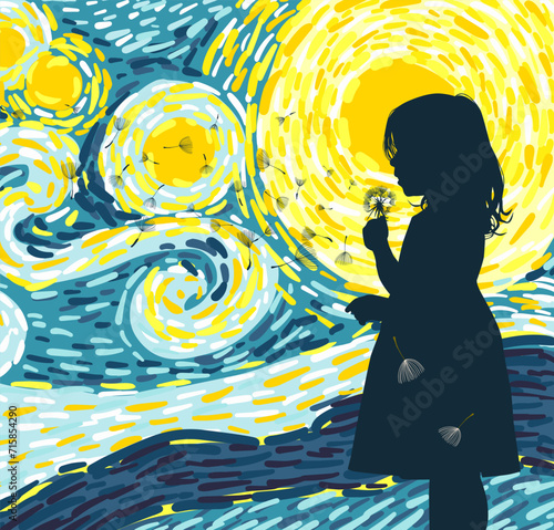 A girl blows a dandelion. hand drawing. Not AI, Vector illustration