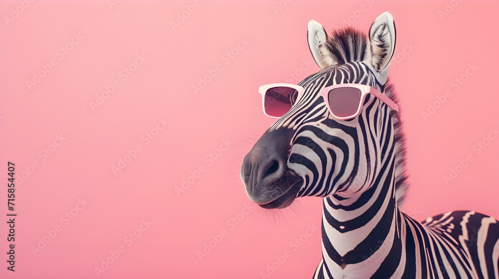 Creative animal concept. Zebra in sunglass shade glasses isolated on solid pastel background, commercial, editorial advertisement, surreal surrealism Creative animal concept. Zebra in sunglass shade glasses isolated on solid pastel background, commercial, editorial advertisement, surreal surrealism