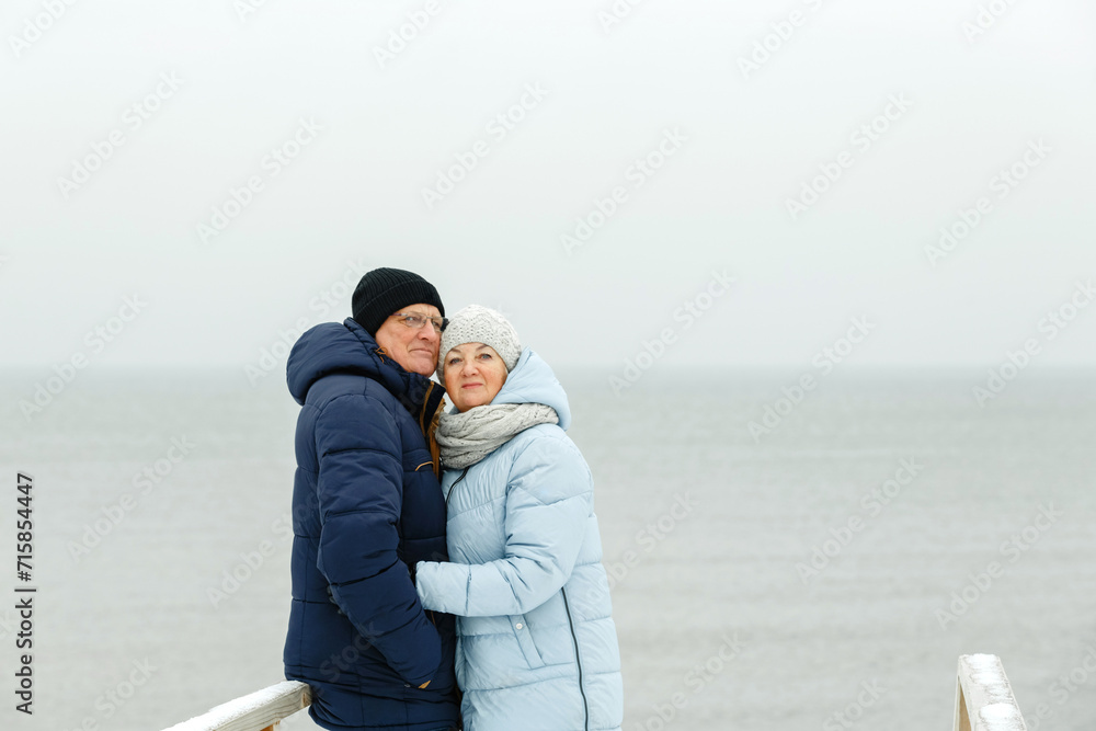 Portrait of a happy elderly couple by the sea.